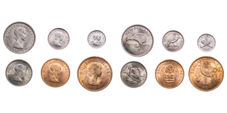 New Zealand. Elizabeth II Ni & CU set of uncirculated currency issue coins. 1963-1965.