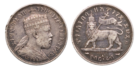 Ethiopia. Menelik II AG ¼ Birr. 1889A. Paris. 