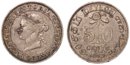 Ceylon, British Colonial. Victoria AG 50 Cents. VICTORIA QUEEN above and below bust centre to left, text in ornate border /