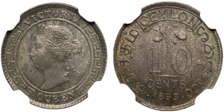 Ceylon, British Administration. Victoria AR 10 Cents. 1893.