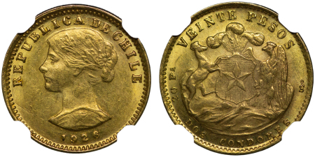 Chilé, Republic. Gold 20 Pesos. 1926SO.