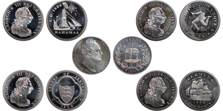 Great Britain. Lot of 5x Base George III Retro Pattern coins from Ceylon, IOM, Jersey, Bermuda & Bahamas. Circa 1980. 