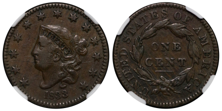 United States. Matron head Liberty CU 1 Cent. 1833.