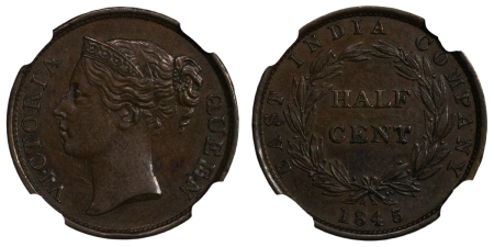 Straits Settlements. Victoria CU ½ Cent "WW" var. 1845.