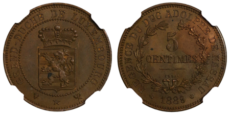 Luxembourg, Grande-Duchy. Prince Regent Adolphe CU ESSAI 5 Centimes. 1889.