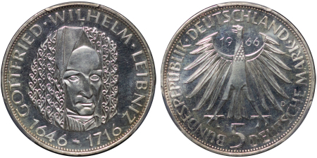 Germany, Federal Republic. Wilhelm Leibniz AR Proof 5 Marks. 1966-D.