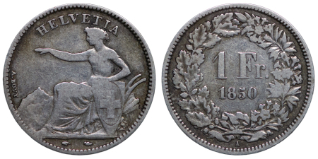 Switzerland Confederation. Seated Helvetia AR 1 Franc. 1850.