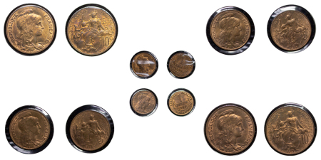 France. Third Republic CU lot of 6x high grade coins, 1 Centime to 10 Centimes. 1908-1911. 