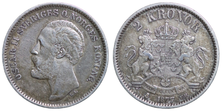 Sweden. Oscar II AR 2 Kronor. 1877EB LA.