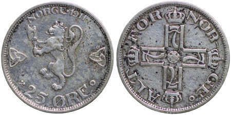 Norway. Haakon VII AR 25 Ore. 1911.
