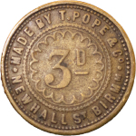Wales, Aberavon. J. Roberts Brass 3d. Pub Token Hong Kong Inn. 1880-1920.