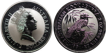 Australia. Elizabeth II AG 2 Dollars. Proof 2 Ounce 2 Ounce Kookaburra. 1992. 