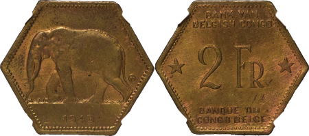 Africa, Belgium Congo Brass 2 Francs. 1943. 