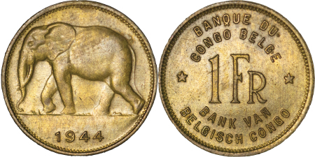 Africa, Belgium Congo Brass 1 Franc. 1944. 