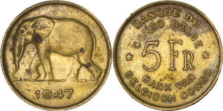 Belgium Congo. Brass colonial Belgian 5 Francs. 1947. 