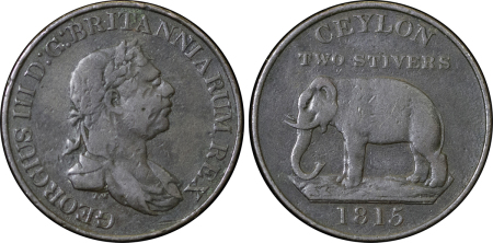 Ceylon, Great Britain Colonial. George III CU 2 Stuivers. 1815. 