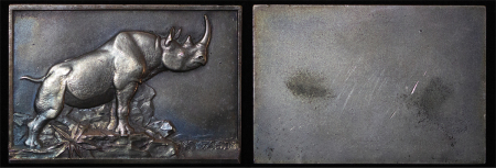 France. Mauruce Thenot Æ Silvered Plaque "Rhinocerous". 1936. 