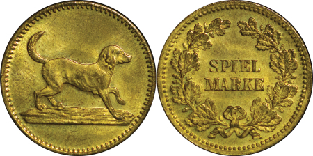 Germany. Fox looking at Bird in Tree Brass Spiel Marke or Counter. C. 1930. 