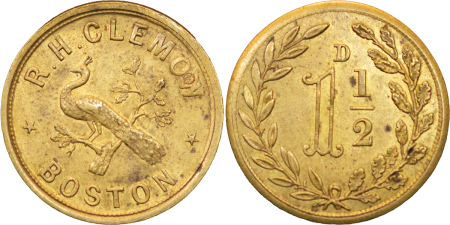 Great Britain, Boston, Lincs. R.H.Clemow Brass 1 1/2d. Pub Token. 1880-90. 