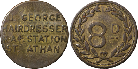 Wales, Vale of Glamorgan. RAF Station St. Athan Brass 8d. 1920-1942. 