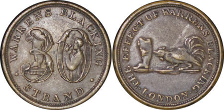 Great Britain, London. Warrens Blacking Brass Unofficial Farthing Token. ND (early 1800's). 