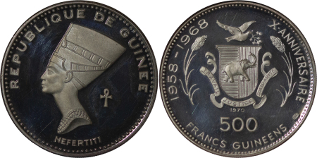 Guinea. AG Proof 500 Guineas. Pharoahs series, Nefertiti. 1970. 