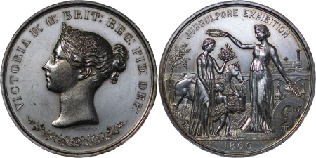 India, British Colonial. Queen Victoria Jubbulpore Exhibition AR Medal. 1866. 