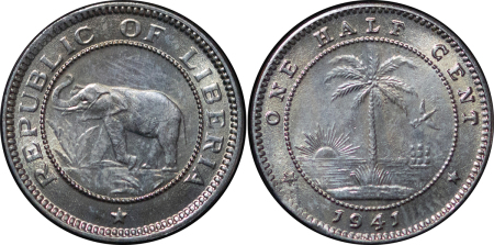 Africa, Liberia CU Ni 1/2 Cent. 1941.  