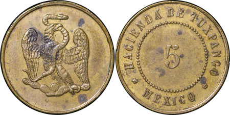 Mexico, Tuxpanco. Brass Hacienda 5 Cents Token. Circa 1878. 