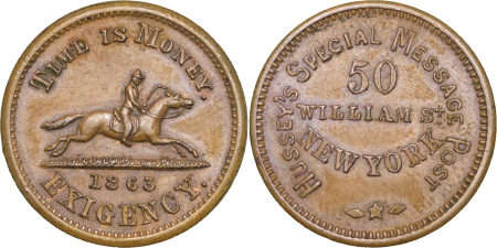 USA, New York.. Husseys Special Message Post CU 1 Cent token. 1863. 