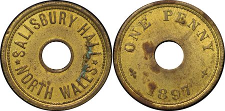 Great Britain, North Wales. Salisbury Hall BR One Penny Token. 1897.