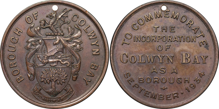 Great Britain, North Wales. Colwyn Bay Æ Medallion, Incorporation as a Borough. 1934.