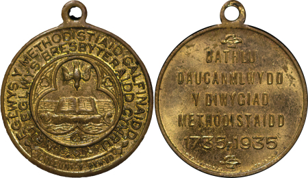 Great Britain, Wales. Gilt Bronze Medal for 200 years of the Methodist Church in Wales. 1935. 