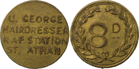 Great Britain, South Wales. Glamorgan R.A.F. Base St. Athan BR Eight Pence Hairdresser Token. 1939-1945.
