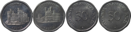 Great Britain, North Wales. Conwy AL 50 Pence Bus Pass Tokens. (x2) Circa 1970-1980. 