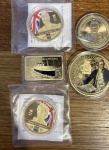 Great Britain & Overseas Territories. Elizabeth II lot of 5x Gold plated Nickel coins and medallions. 2000-2022.