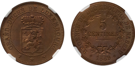 Luxembourg, Grand Duchy. Adolphus CU ESSAI 5 Centimes. 1889. 