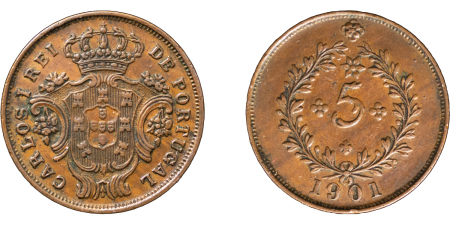 Azores, Portuguese Colonial. Charles I CU 5 Reis. 1901.