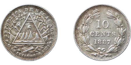 Nicaragua, republic AR 10 Centavos. 1887H. 