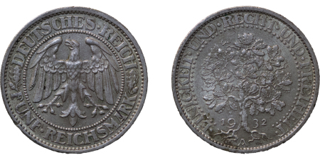 Germany. Weimar Republic AR Oak Tree 5 Marks. 1932.