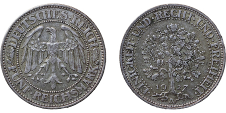 Germany. Weimar Republic AR Oak Tree 5 Marks. 1927.