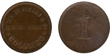 Ceylon, Colombo, British Colonial. Union Mills CU 1 Cent Slavery Token. 1873. 