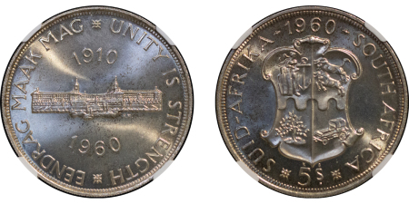 South Africa. Elizabeth II Prooflike AR 5 Shillings, Union Anniversary. 1960. 