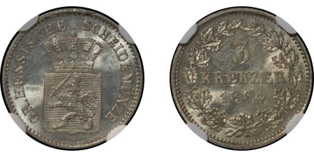 German States, Hesse-Darmstadt. Louis III AR 3 Kreuzers. 1864. 