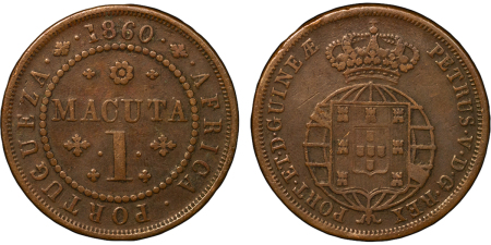 Angola, Portuguese Colonial. Pedro V CU 1 Macuta. 1860. 