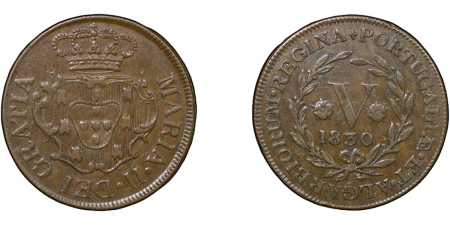 Azores, Portuguese Colonial. Mary II the Educator CU 5 Reis. 1830. 