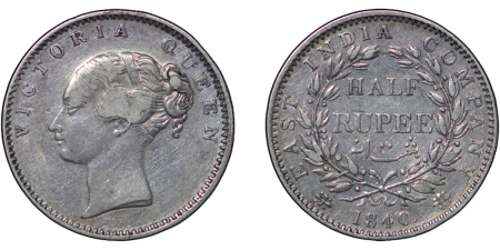 India, British Colonial. Victoria AR Half Rupee. 1840. 