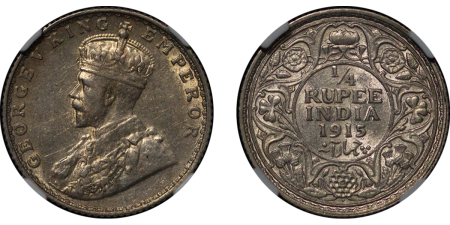 India, British Colonial. George V AR 1/4 Rupee. 1915. 