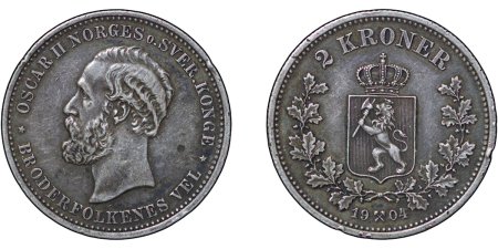Norway. Oscar II AR 2 Kroner. 1904. 