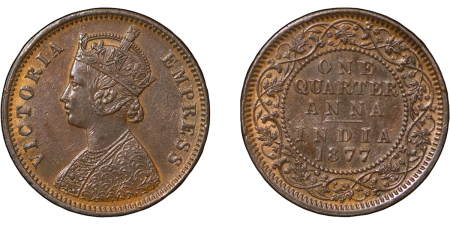 India, British Colonial. Victoria CU 1/4 Anna. 1877C.